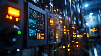 Obraz premium Macro view of control panels, cables, and digital displays monitoring the performance of reactor vessels and cracking units in a petrochemical plant.