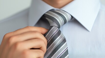 A close-up of a man adjusting his stylish tie while wearing a light blue shirt. The image captures attention to detail and professionalism, perfect for business-related themes.
