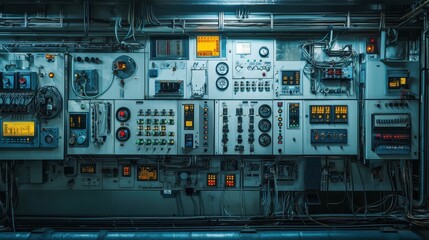 Macro view of control panels and wiring linked to reactor vessels and cracking units, futuristic technology in a high-tech petrochemical facility.