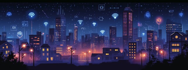 Obraz premium Digital City Skyline at Night With Glowing Icons Depicting Technology and Connectivity Amidst Urban Architecture