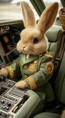 A rabbit in a green military-style uniform operating high-tech controls. A captivating portrayal of an imaginative and futuristic world.