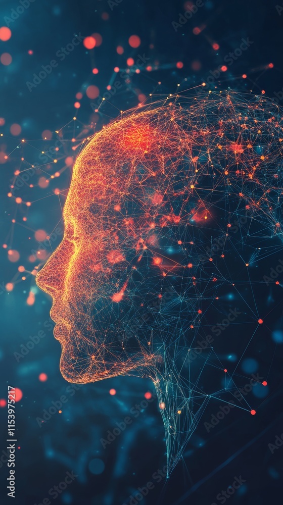 Poster human profile illuminated by digital connections and glowing particles in a futuristic setting