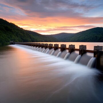 Serene sunset landscape featuring dam with flowing water, cascading down into tranquil river, surrounded by lush green hills and vibrant sky, showcasing beauty of nature and engineering.