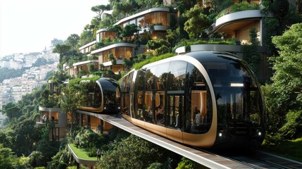 A modern tram system gliding through a lush, green urban landscape with buildings integrated into nature, promoting sustainable transport solutions.