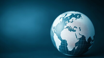 A close-up view of a globe displaying a stylized map of the world on a blue background, symbolizing global connection and geography in a modern context.