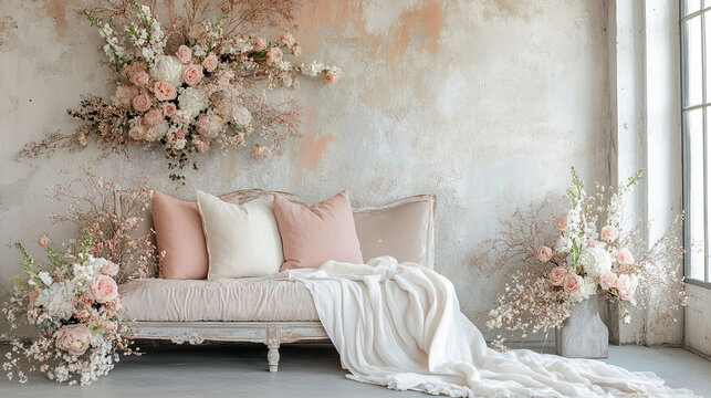 Stylish wedding maternity backdrop with floral arrangements and soft pillows