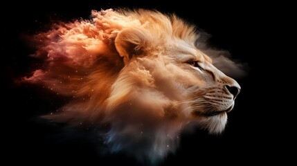 Fiery lion's majestic portrait, a stunning display of power and majesty on black background