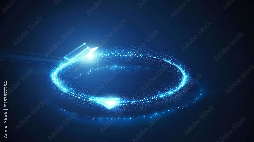 Poster glowing blue particle ring with a light source in a dark background, representing motion and energy