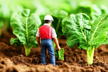 A miniature farmer tending to vibrant leafy greens in a lush, fertile field.