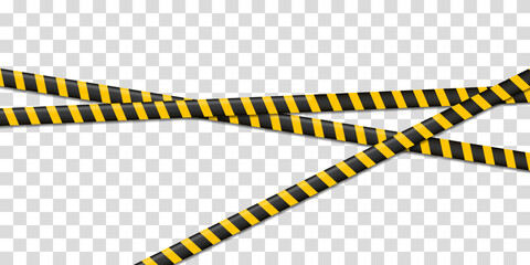 Realistic yellow barricade tape. Police danger warning line. Concept graphic element. Construction sign. Set of danger caution seamless tapes. Creative vector illustration of stripe border