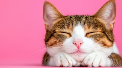 Fototapeta premium A peaceful cat rests its head on its paws against a vibrant pink background, showcasing its content expression and soft fur.