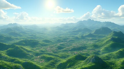 Lush green mountain range with village.