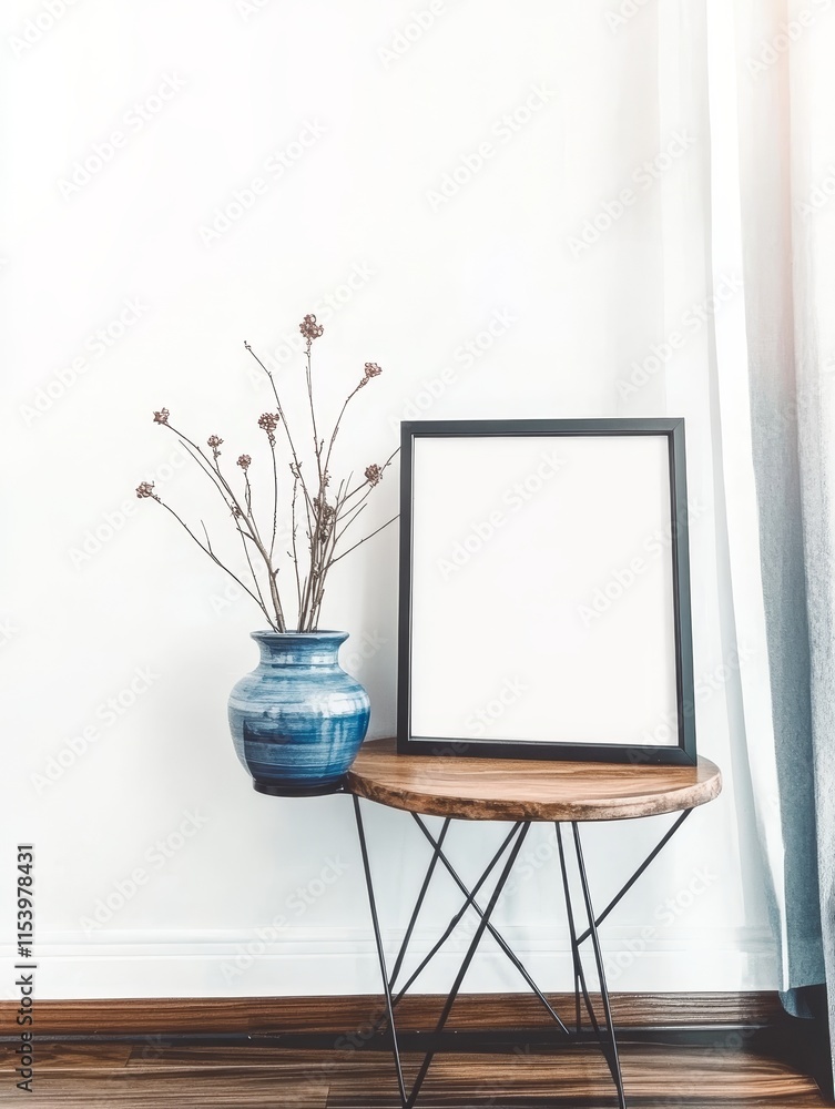 Poster Decorative Corner Featuring a Blue Vase With Dried Branches and an Empty Frame on a Wooden Table Near a Window