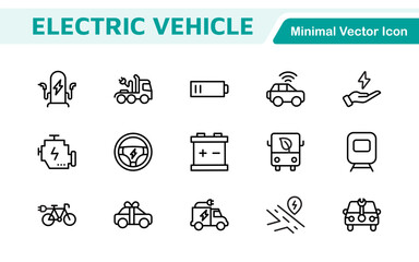 Electric Vehicle and Car Icon Set. A modern collection of icons showcasing electric transportation, perfect for enhancing automotive apps, websites, and sustainability initiatives.