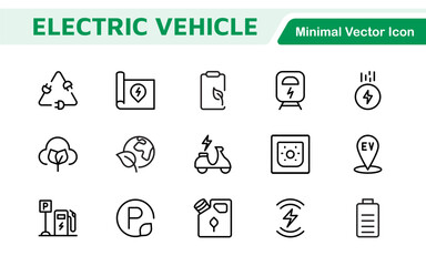 Electric Vehicle and Car Icon Set. A modern collection of icons showcasing electric transportation, perfect for enhancing automotive apps, websites, and sustainability initiatives.