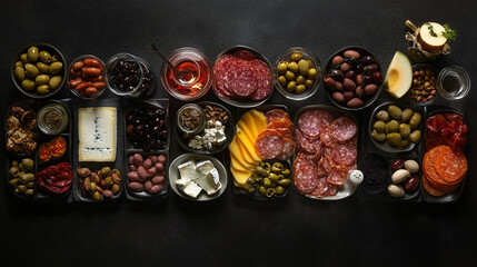 Assorted gourmet snacks arranged on a dark surface showcasing olives, meats, cheeses, and fruits for a delightful tasting experience