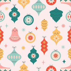 Seamless pattern with Christmas tree toys. Christmas ornaments. Print for wallpapers, textiles, wrapping paper, banners. Vector illustration in flat style