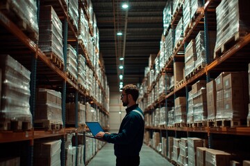 Warehouse worker conducts inventory check with laptop amidst towering shelves