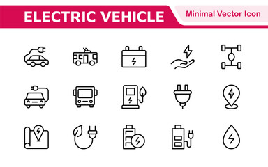 Electric Vehicle and Car Icon Set. A modern collection of icons showcasing electric transportation, perfect for enhancing automotive apps, websites, and sustainability initiatives.