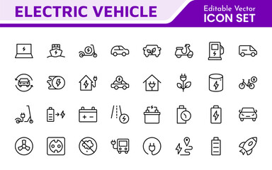 Electric Vehicle and Car Icon Set. A modern collection of icons showcasing electric transportation, perfect for enhancing automotive apps, websites, and sustainability initiatives.