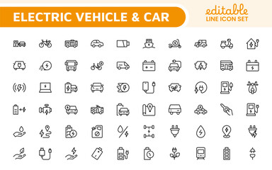Electric Vehicle and Car Icon Set. A modern collection of icons showcasing electric transportation, perfect for enhancing automotive apps, websites, and sustainability initiatives.