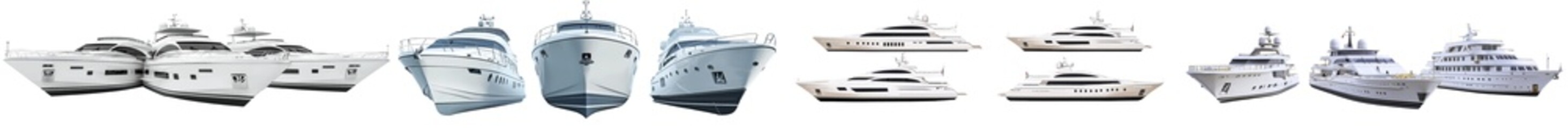 In png format, the luxury yacht is isolated on a white background, showcasing side view, top-down...