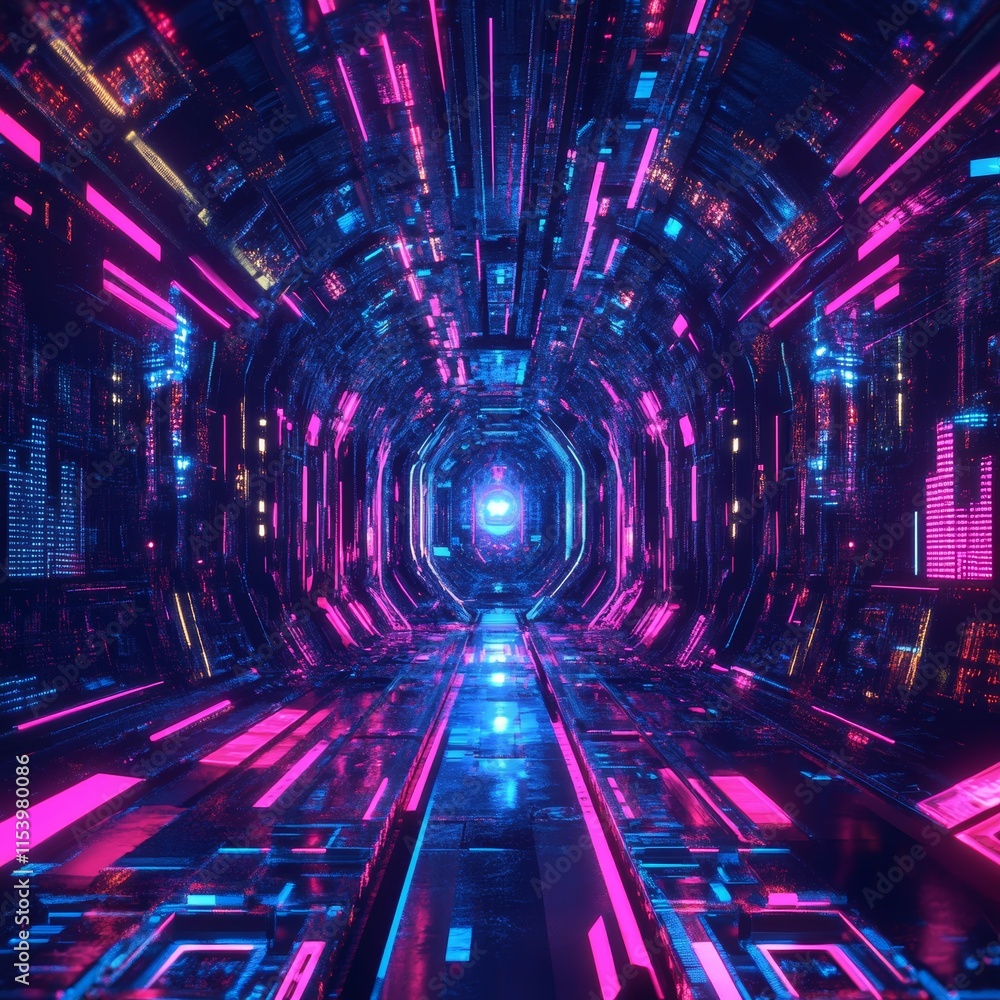 Poster futuristic tunnel with vibrant neon lights and digital patterns creating a mesmerizing atmosphere