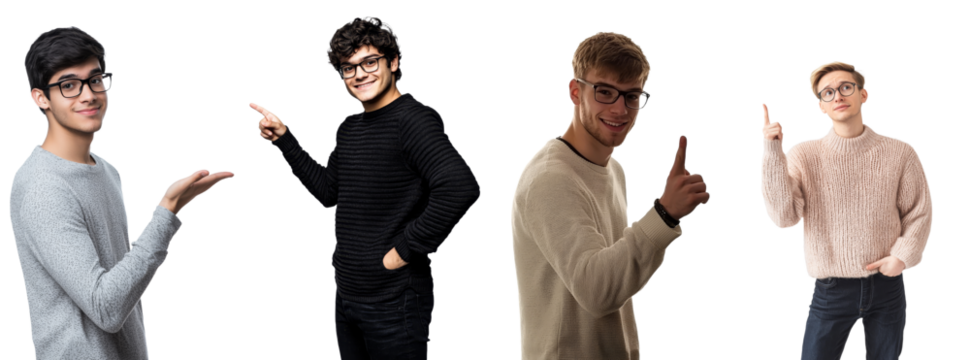 A young, good-looking man wearing glasses, against a plain backdrop, smiles and looks at the camera, pointing to the side with both hands and fingers.