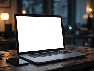 blank screen laptop template on table, three quarter angle, cozy cafe for setting background, warm lighting