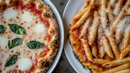 Delicious pizza with fresh basil and baked pasta topped with cheese on white plates