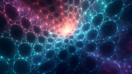 Fototapeta premium Abstract colorful background with different geometric shapes, neon colors merging with each other and fractal patterns with a cosmic energy