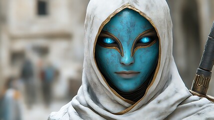 Blue-skinned woman in white hooded cloak.