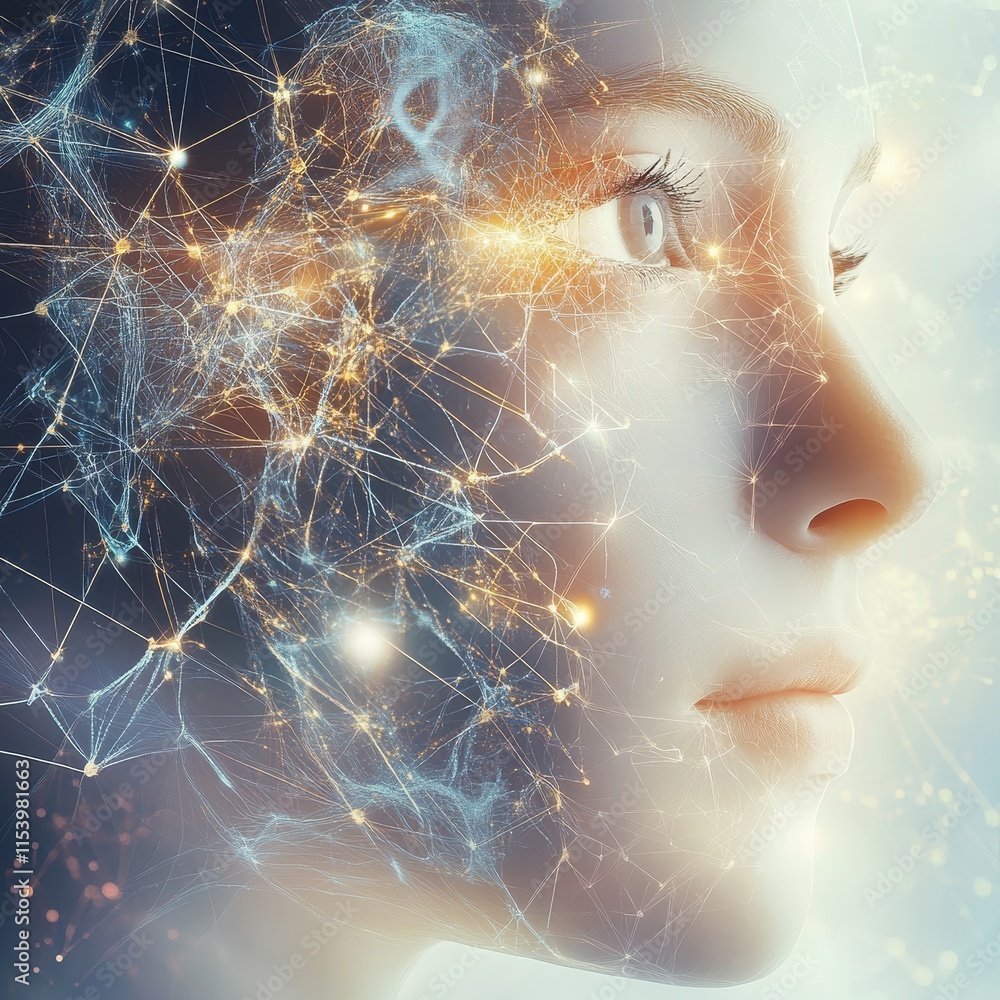 Poster modern technology reflects in the thoughtful expression of a woman surrounded by intricate neural pa