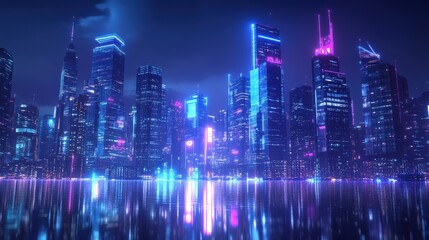 Obraz premium Futuristic cityscape at night urban landscape digital art neon lights reflections vibrant atmosphere