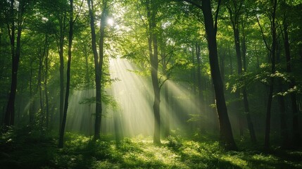 Obraz premium Sunlight filtering through lush trees enchanted forest nature photography serene environment ground-level view tranquility and beauty