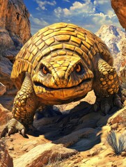 Fototapeta premium A large, stylized tortoise in a rocky desert landscape, exuding a fierce demeanor.