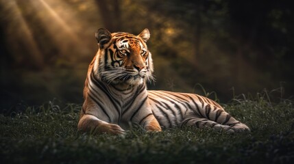 Majestic tiger resting in sunlit forest.