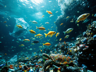 Fototapeta premium Vibrant underwater scene with colorful fish, turtle, and dolphin near a coral reef.
