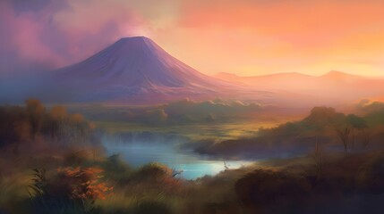 Tranquil Dawn Over Dormant Volcano: Impressionistic Serenity - Generative AI