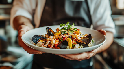 Chef presenting a colorful seafood dish in a bustling restaurant setting during dinner time