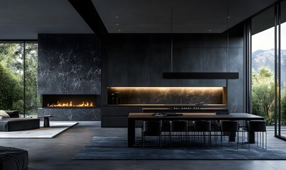 Matte Black Kitchen and Dining Area with a Classy Fireplace and Spacious Open Plan