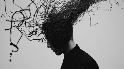 Abstract monochrome portrait of a person with chaotic, splatter-like dark tendrils erupting from their head.