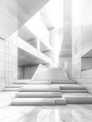 Obraz premium Modern Minimalist White Architecture Interior with Staircase