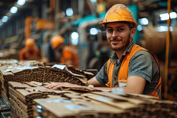 A worker wearing an orange helmet and vest assembles cardboard boxes in a bustling manufacturing facility during the day. The environment is filled with other workers and machinery