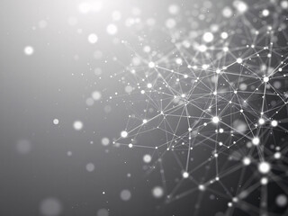 Abstract network of glowing dots and lines on a grey background, representing digital connections.