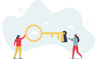 Key to success, teamwork, people to help solve problem, career opportunity, unlock secret or discovery, motivation concept.flat characters.