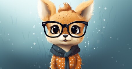 A cute, cartoon-style fox wearing glasses and a polka-dotted sweater against a soft background.