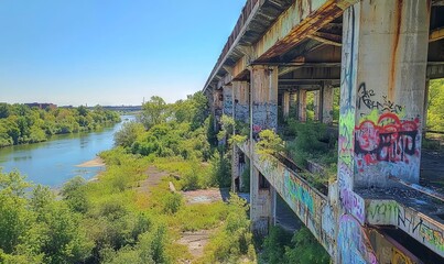 Abandoned Bridge Over River in Buffalo, NY with Graffiti and Overgrown Greenery, AI generated illustration