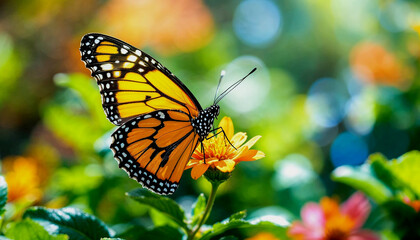 Fototapeta premium A close-up of an orange and black butterfly with spotted wings perched on a green flower