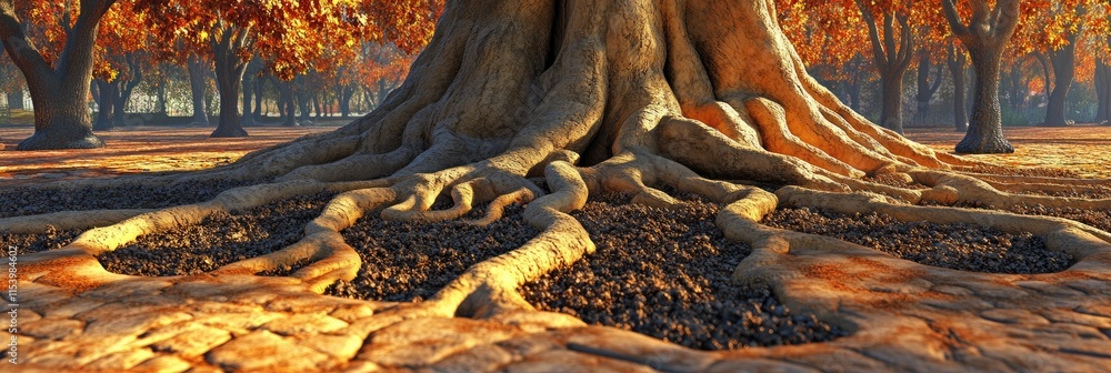 Poster a close-up view of a tree trunk and its roots amidst autumn foliage.